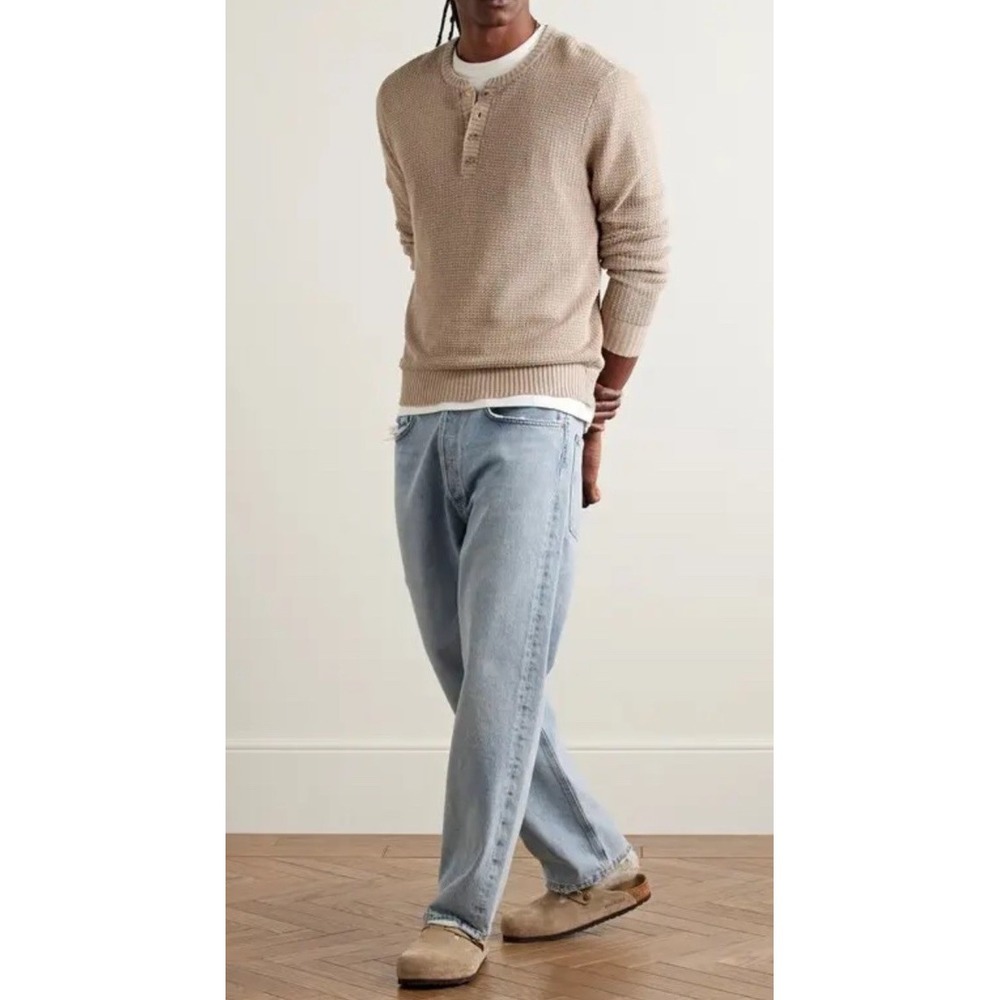 Onia Waffle-Knit Linen Henley Sweater Beige Long Sleeves Men's S/P